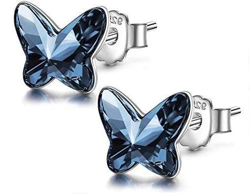 Little Miss Butterfly Stud Earrings in Sterling Silver with Denim Blue Austrian Crystals for Girls