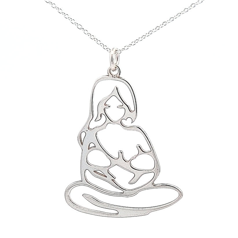 Silver Charming Motherhood Necklace with Mother Nursing 2 Babies or Twin Children Pendant