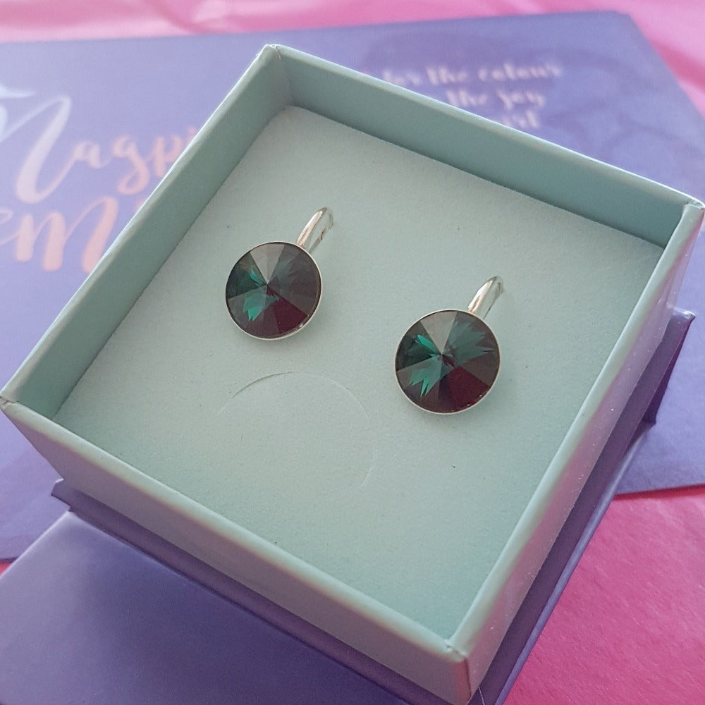 Silver Drop Earrings with Emerald Green Rivoli Crystal for Women Elegant Sterling Silver Earrings by Magpie Gems in Ireland