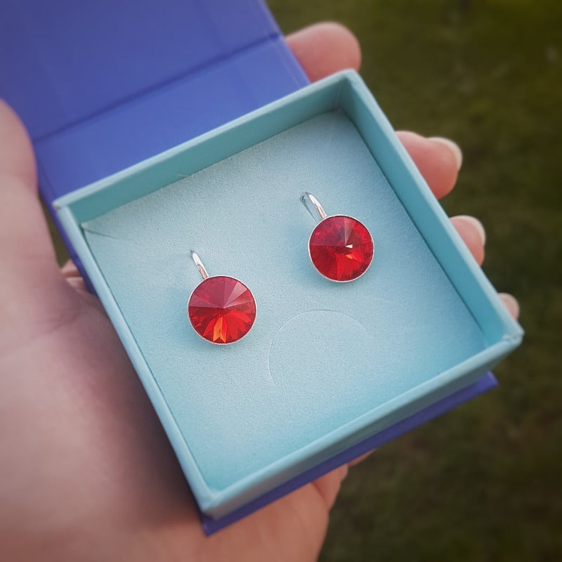 Silver Drop Earrings with Light Siam Red Rivoli Crystal for Women from Magpie Gems, Online Jewellery Shop in Ireland.