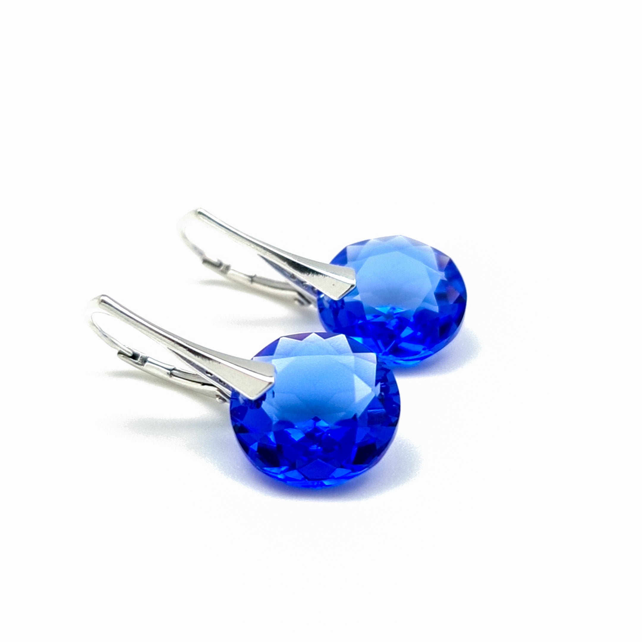 Irish Hand-Finished Sterling Silver Round Sapphire Crystal Drop Earrings for September or Virgo Birthstone