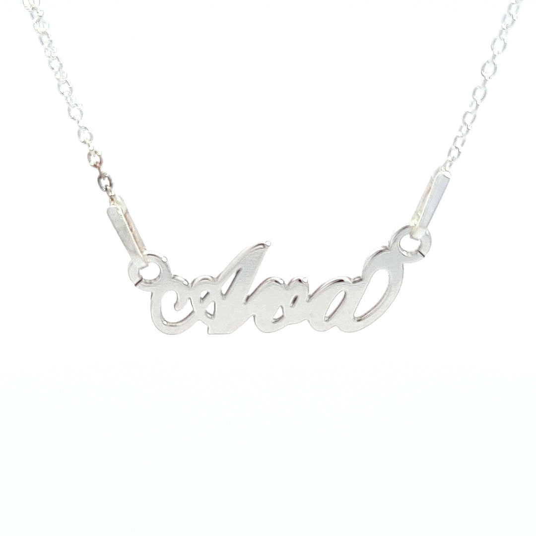 Sterling silver children's name necklace, personalised with any name, including Irish names with fadas, available with a 35cm or 40cm chain.