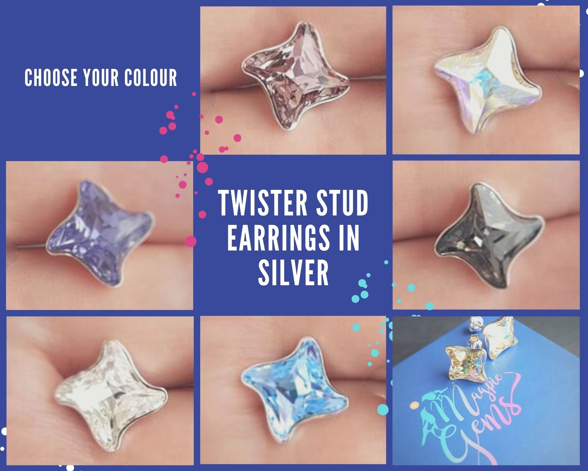 Large Swirlshine Crystal Stud Earrings in silver with a cosmic-inspired Twister crystal design, available in multiple colours at Magpie Gems jeweller shop in Ireland