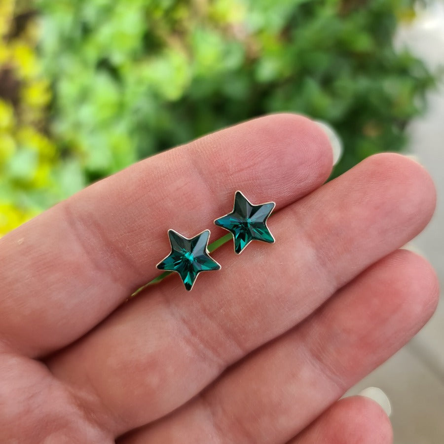 A pair of Emerald Green Star Crystal Stud Earrings in Sterling Silver made in Cork, Ireland by Magpie Gems Jewellery