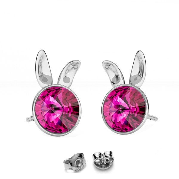 Sterling Silver Bunny Stud Earrings with vibrant pink Austrian crystal on a white background.