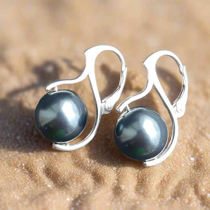 Hand-Finished Sterling Silver Earrings with Austrian Crystal Pearls Tahitian