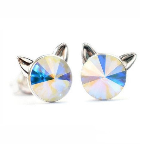 Irish Hand-Finished Sterling Silver Feline Sparkle Stud Earrings with Crystal AB Rivoli with Cat design