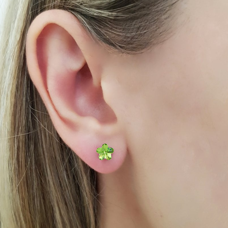 Peridot Flower Crystal Stud Earrings, a pair of tiny stud earrings for girls, teens or women, made in Ireland by Magpie Gems