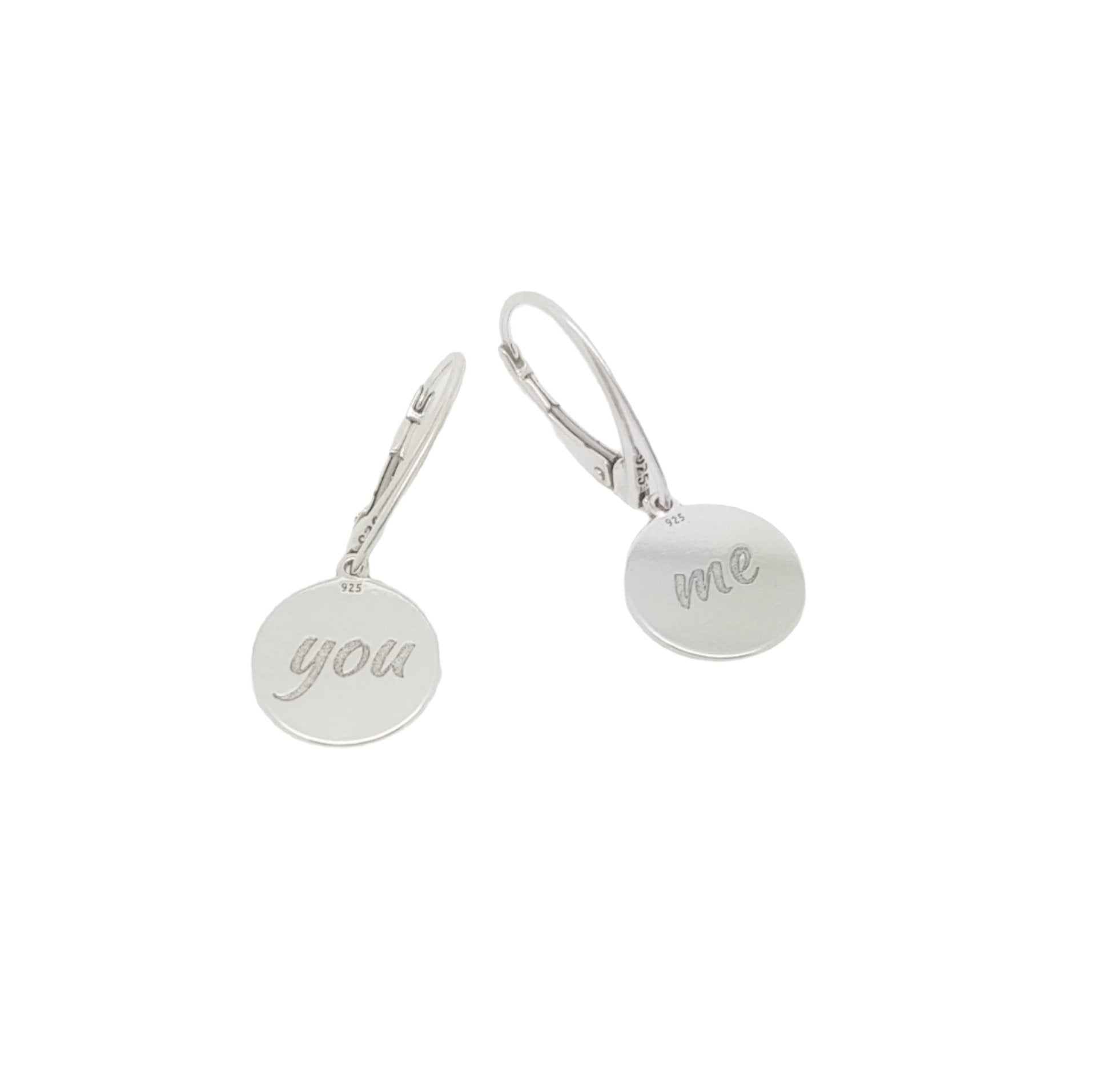 "You & Me" engraved sterling silver drop earrings with leverback closure on white background. Personalised Silver Jewellery Ireland by Magpie Gems